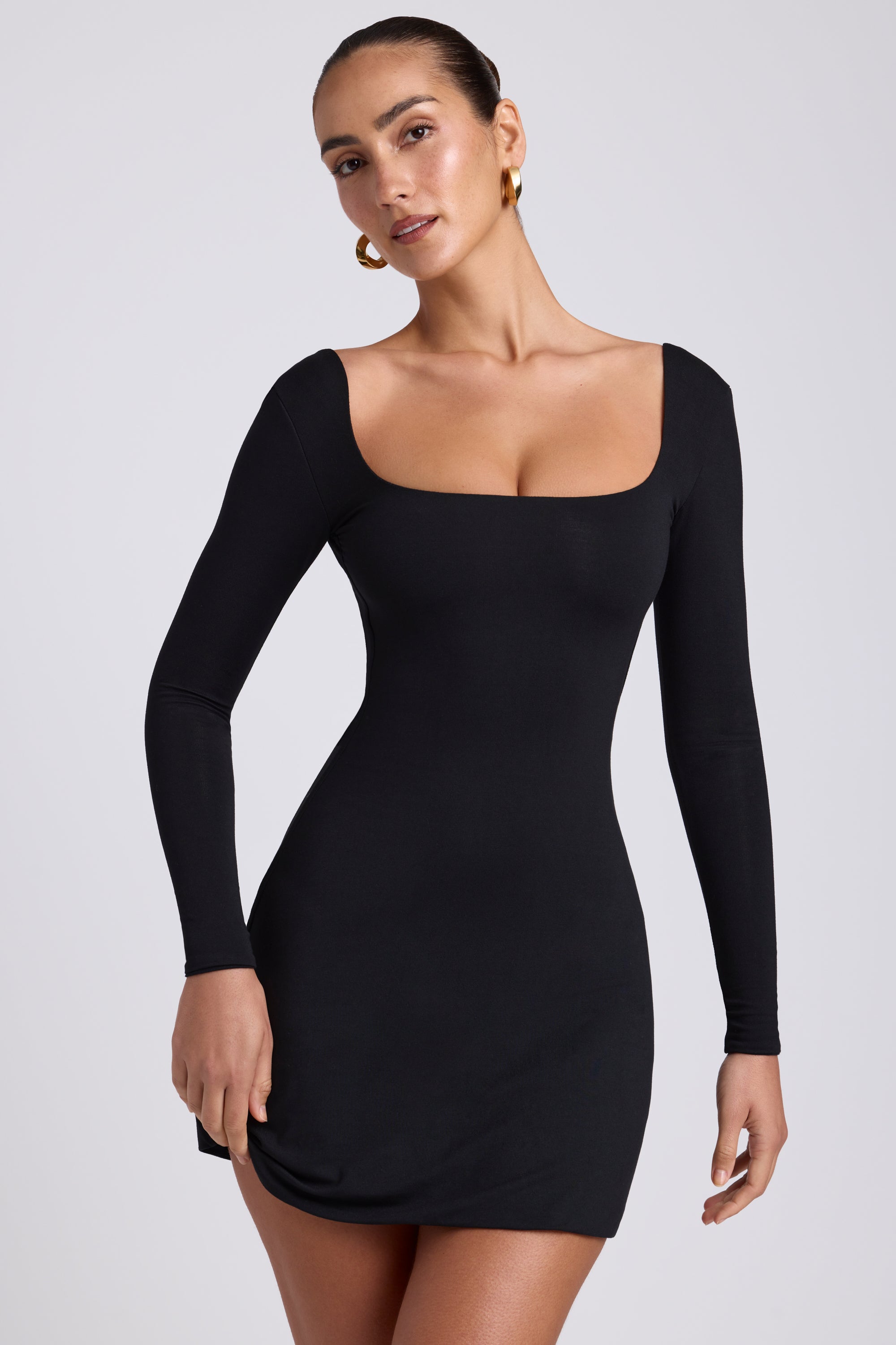 Modal Square Neck Long Sleeve Mini Dress in Black