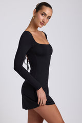 Modal Square Neck Long Sleeve Mini Dress in Black