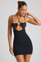 Embellished Heart Cup Detail Mini Dress in Black