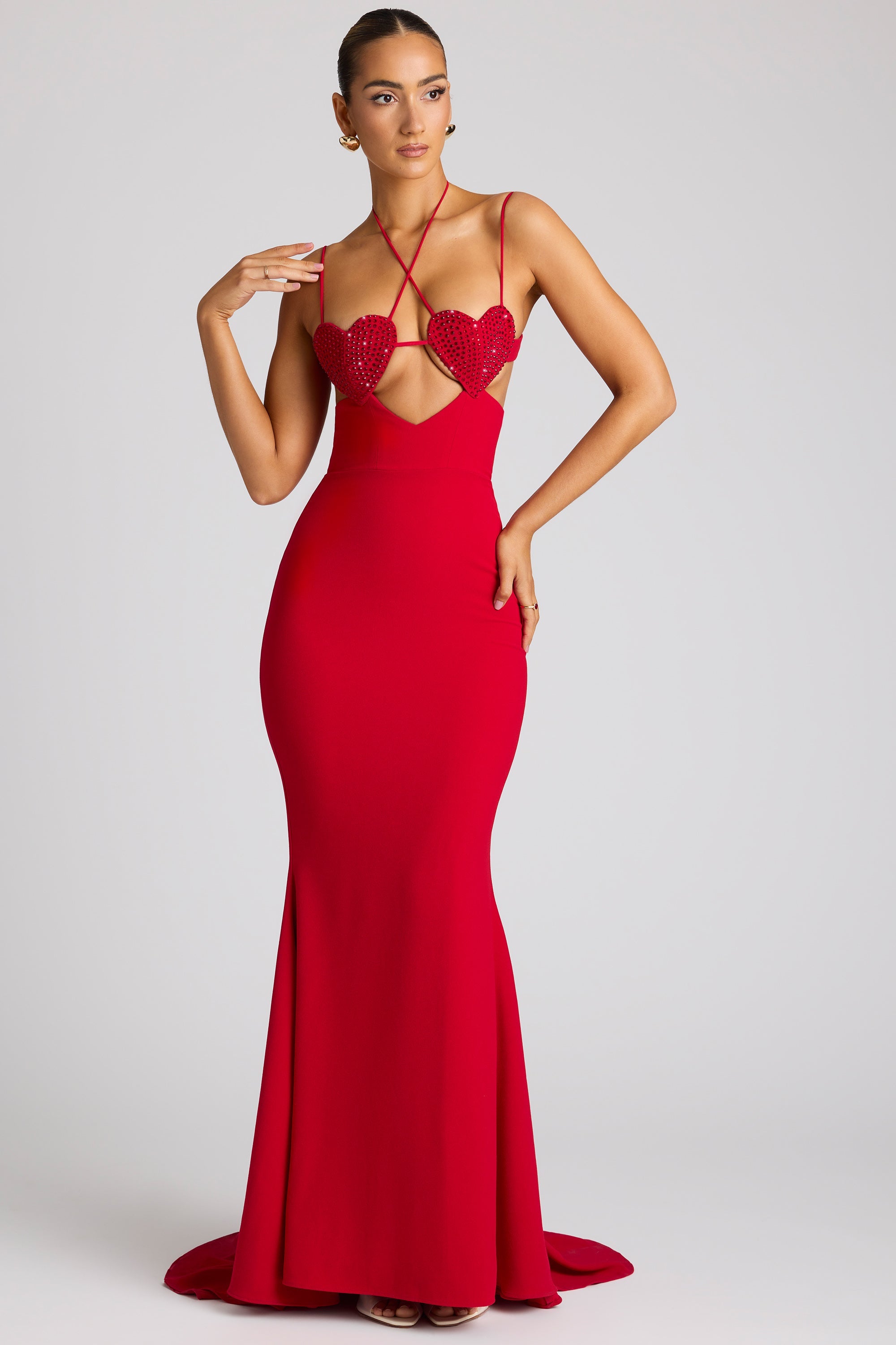 Embellished Heart Cup Detail Evening Gown in Fire Red