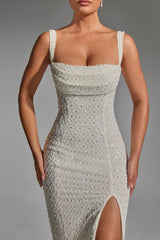 Embellished Cowl-Neck Midaxi Dress in White