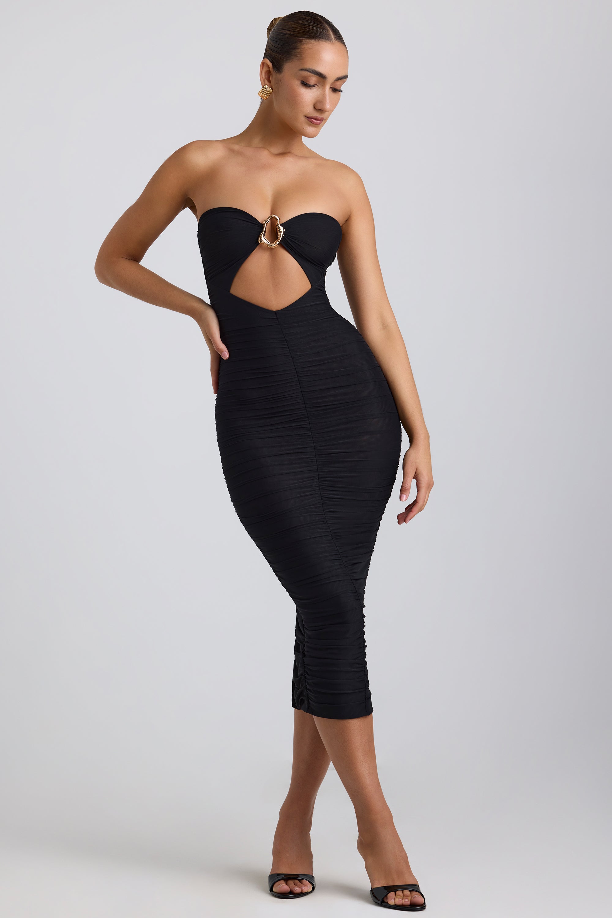 Ruched Hardware Detail Strapless Midaxi Dress in Black