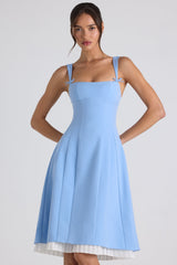 Bow-Detail Pleated A-Line Midi Dress in Sky Blue