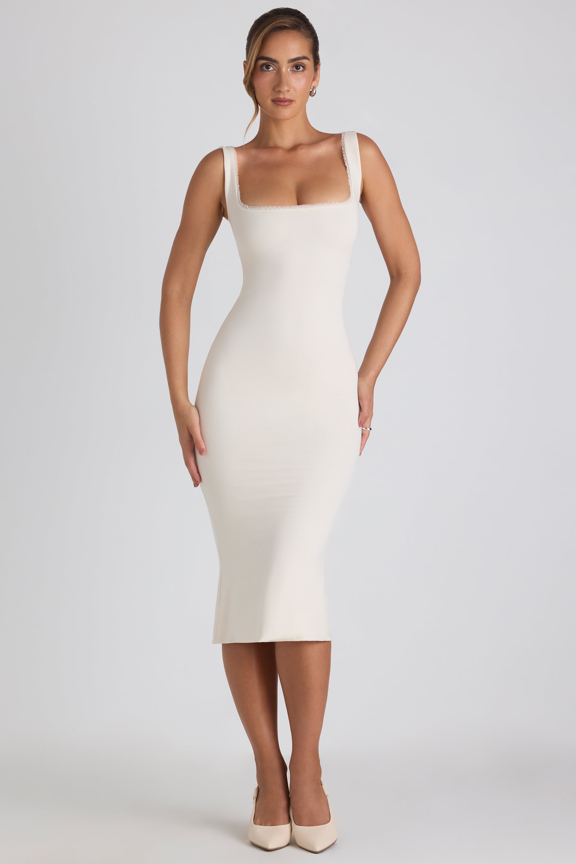 Modal Lace-Trim Midaxi Dress in Ivory