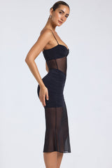 Sheer Panelled Draped Midaxi Dress in Black