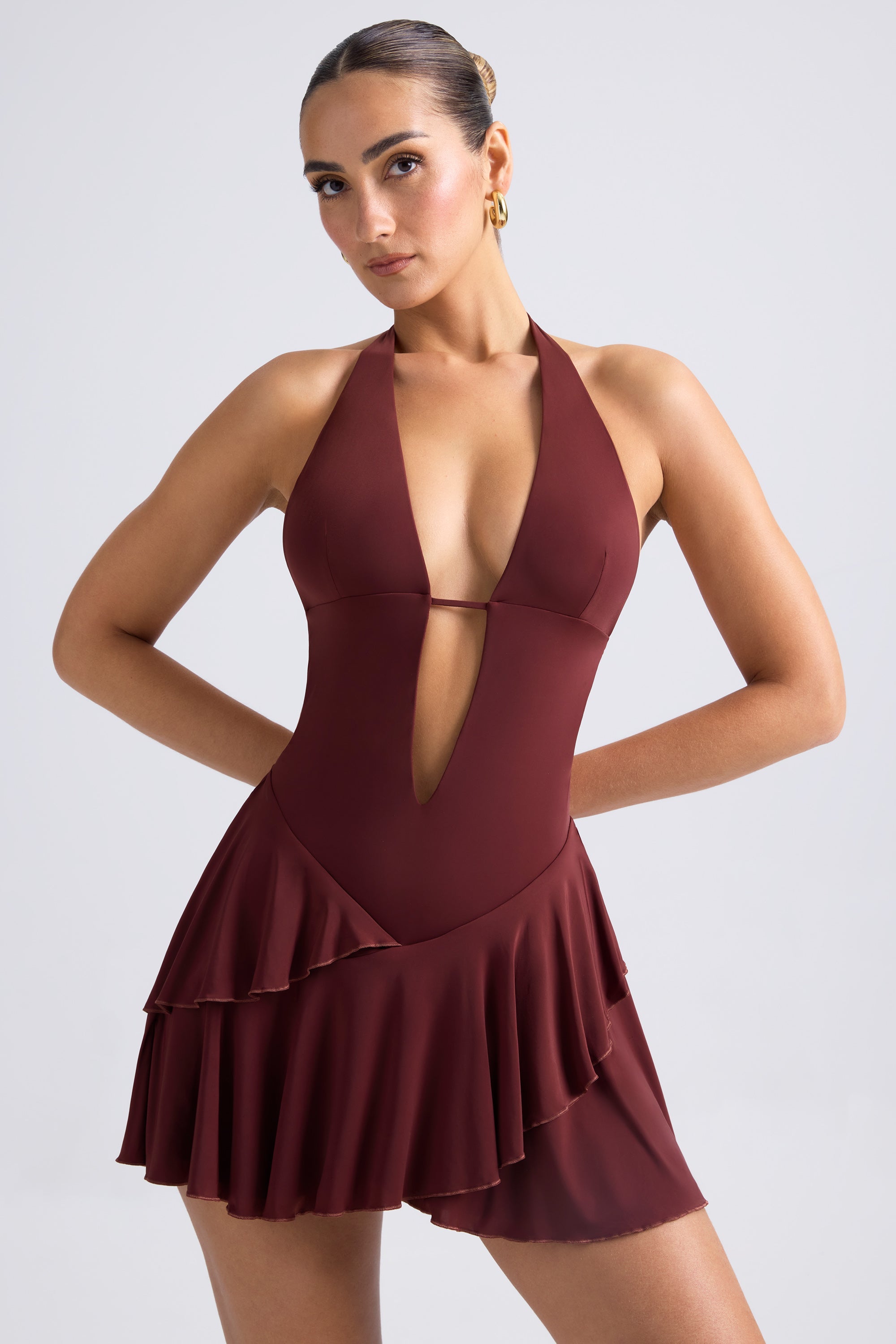 Ruffled Cut-Out Halterneck Mini Dress in Chestnut Brown