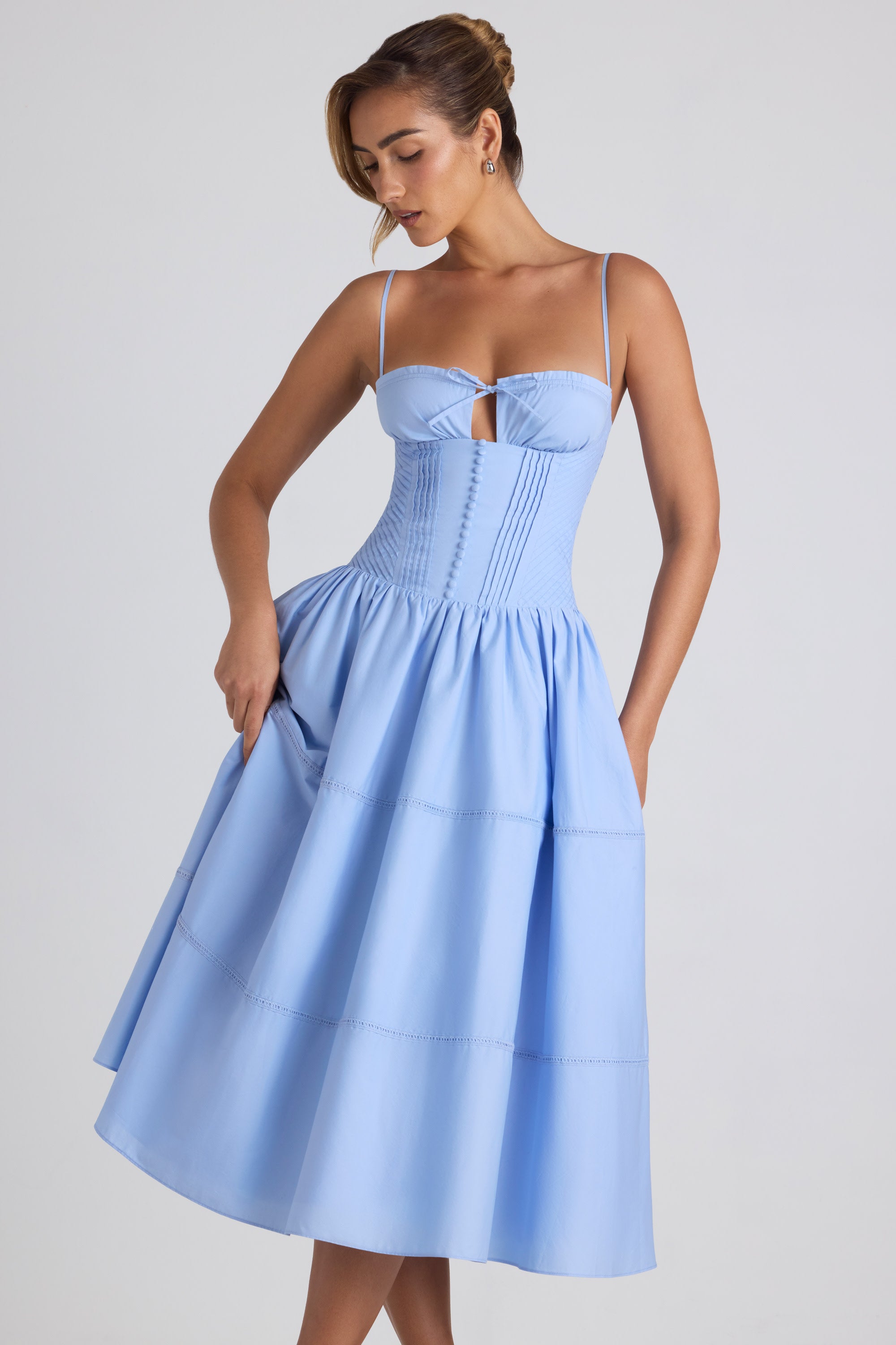 Lace-Trim Pintucked Poplin Midaxi Dress in Sky Blue