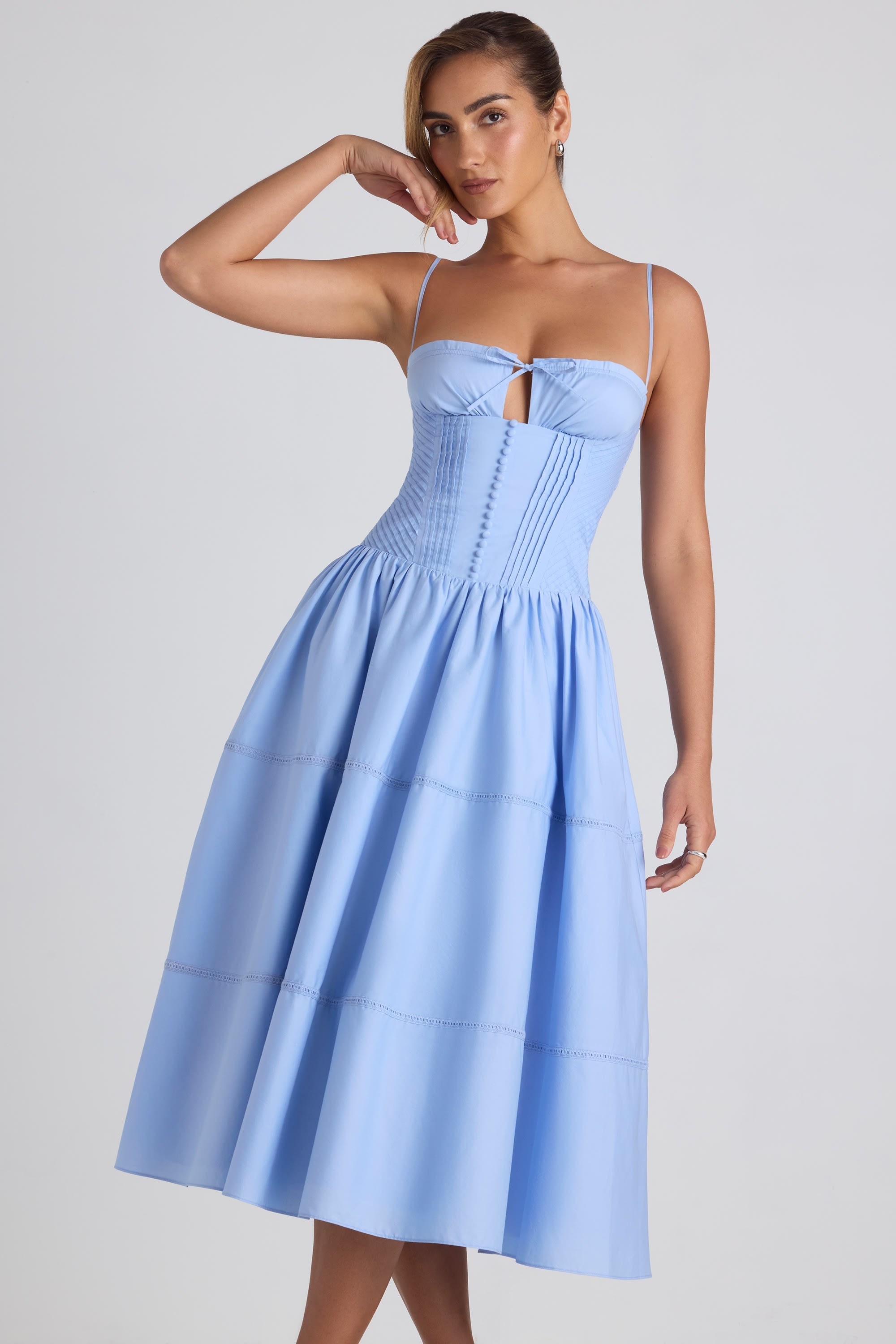 Lace-Trim Pintucked Poplin Midaxi Dress in Sky Blue