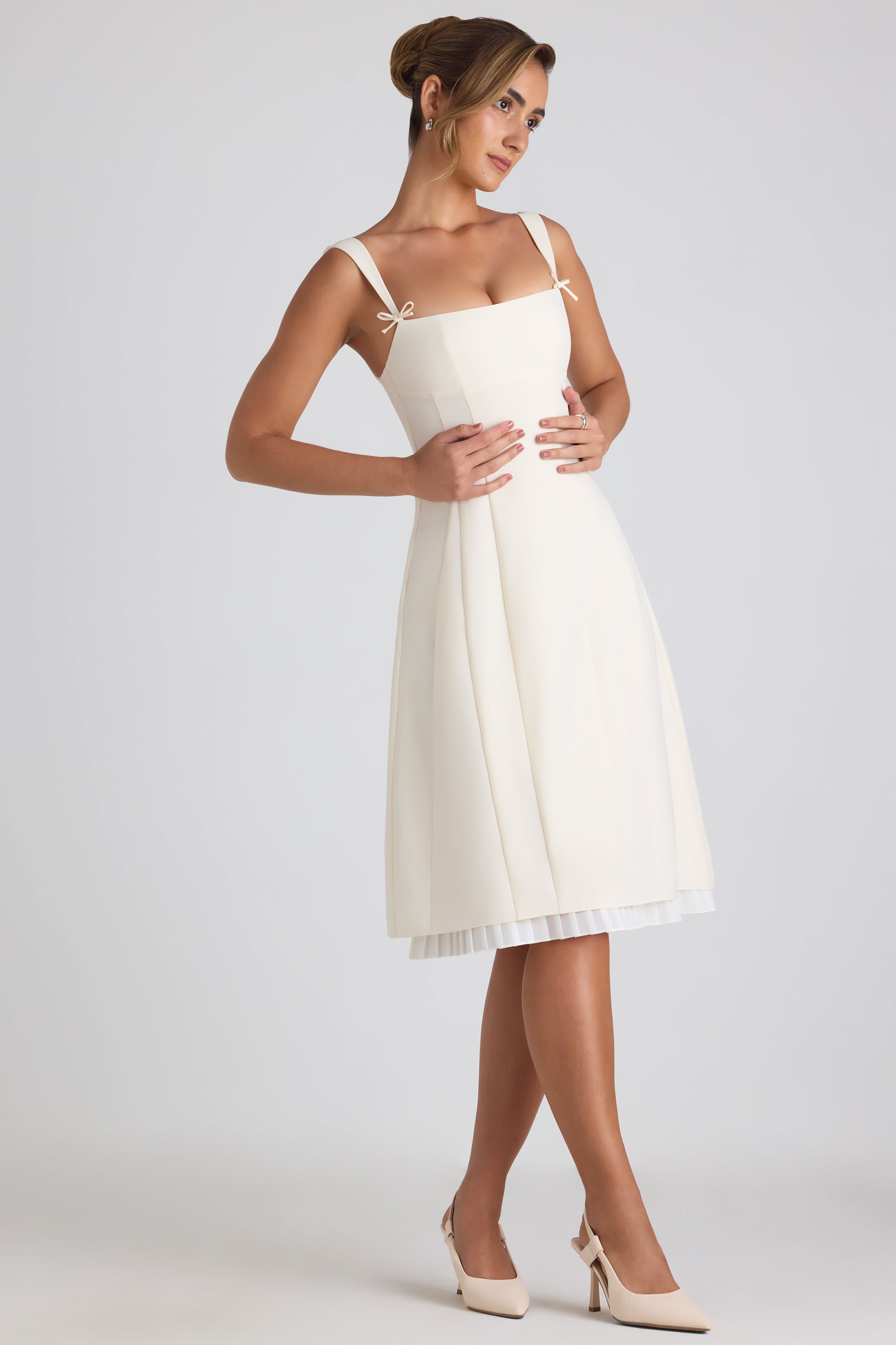 Bow-Detail Pleated A-Line Midi Dress in Ivory